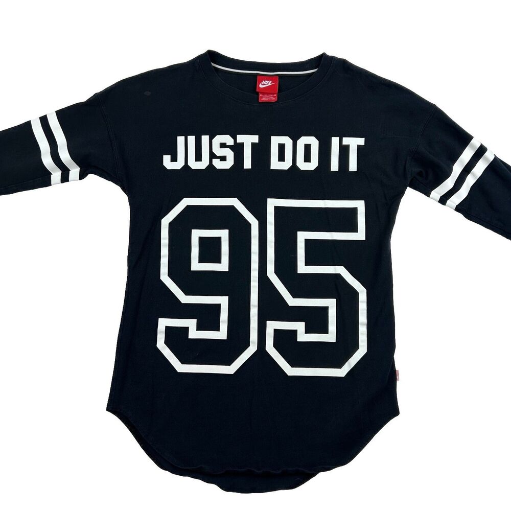Vintage Nike Womens XS Top Just Do it 95 T Shirt 3/4 Sleeve Raglan Black Jersey